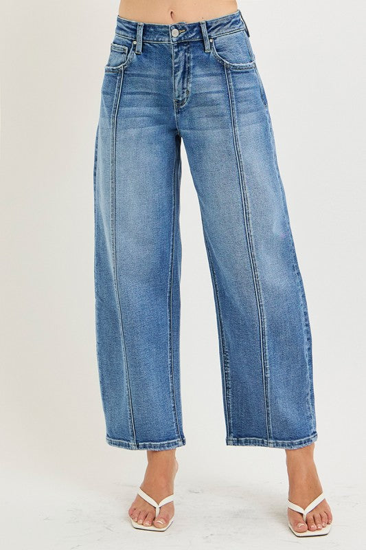 Risen Slouchy Cropped Barrel Jeans W/ Seamed Details