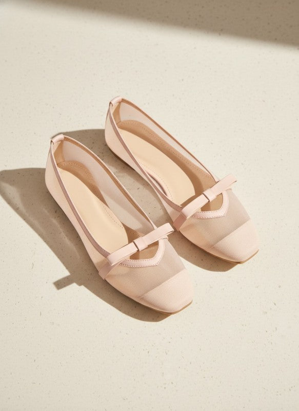 Sheer Mesh Ballet Flats Cap Toe Ribbon